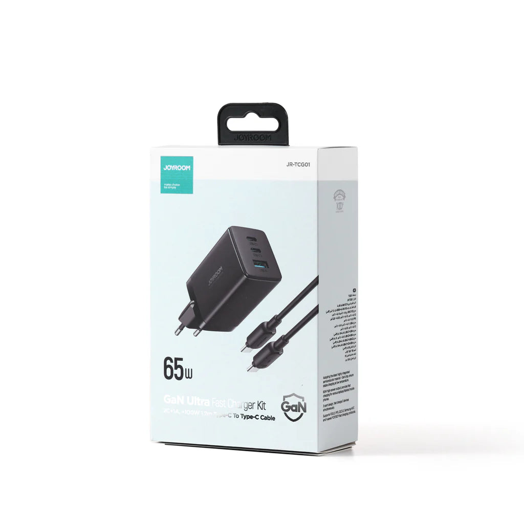 شاحن GaN Ultra JR-TCG01 السريع بقوة 65 واط 2C1A - أسود + كابل C إلى C بقوة 100 واط 