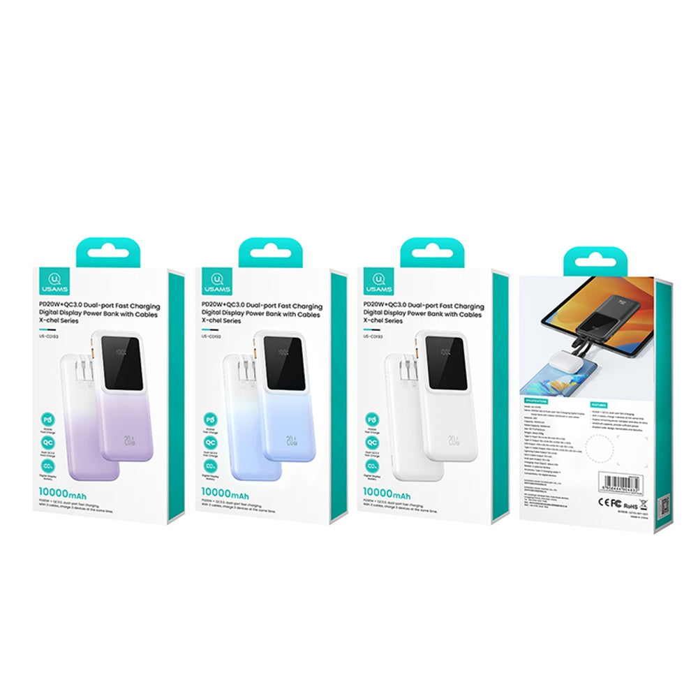 US-CD193 PD20W+QC3.0 باور بانك بشاشة رقمية ومنفذين للشحن السريع وكابلات 10000 مللي أمبير/ساعة