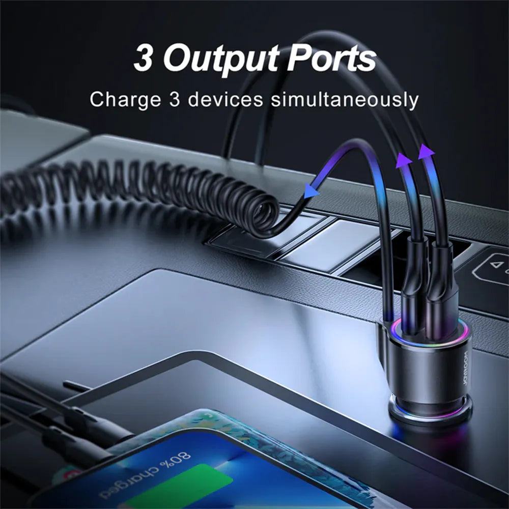 JR-CL25 3.4A 3-in-1 Car Charger with Coiled Lightning Cable Black