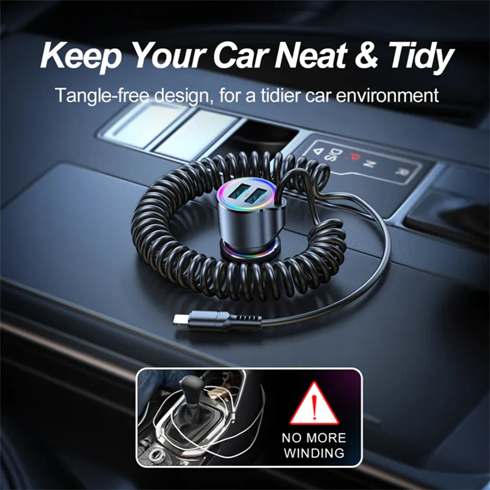 JR-CL25 3.4A 3-in-1 Car Charger with Coiled Lightning Cable Black