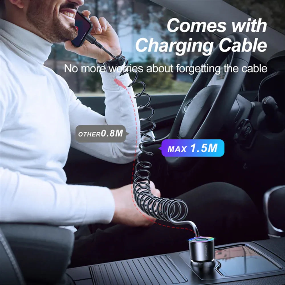 JR-CL25 3.4A 3-in-1 Car Charger with Coiled Lightning Cable Black