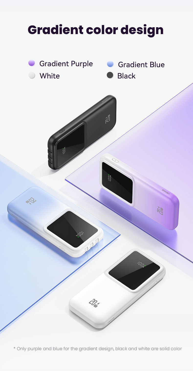 US-CD193 PD20W+QC3.0 باور بانك بشاشة رقمية ومنفذين للشحن السريع وكابلات 10000 مللي أمبير/ساعة