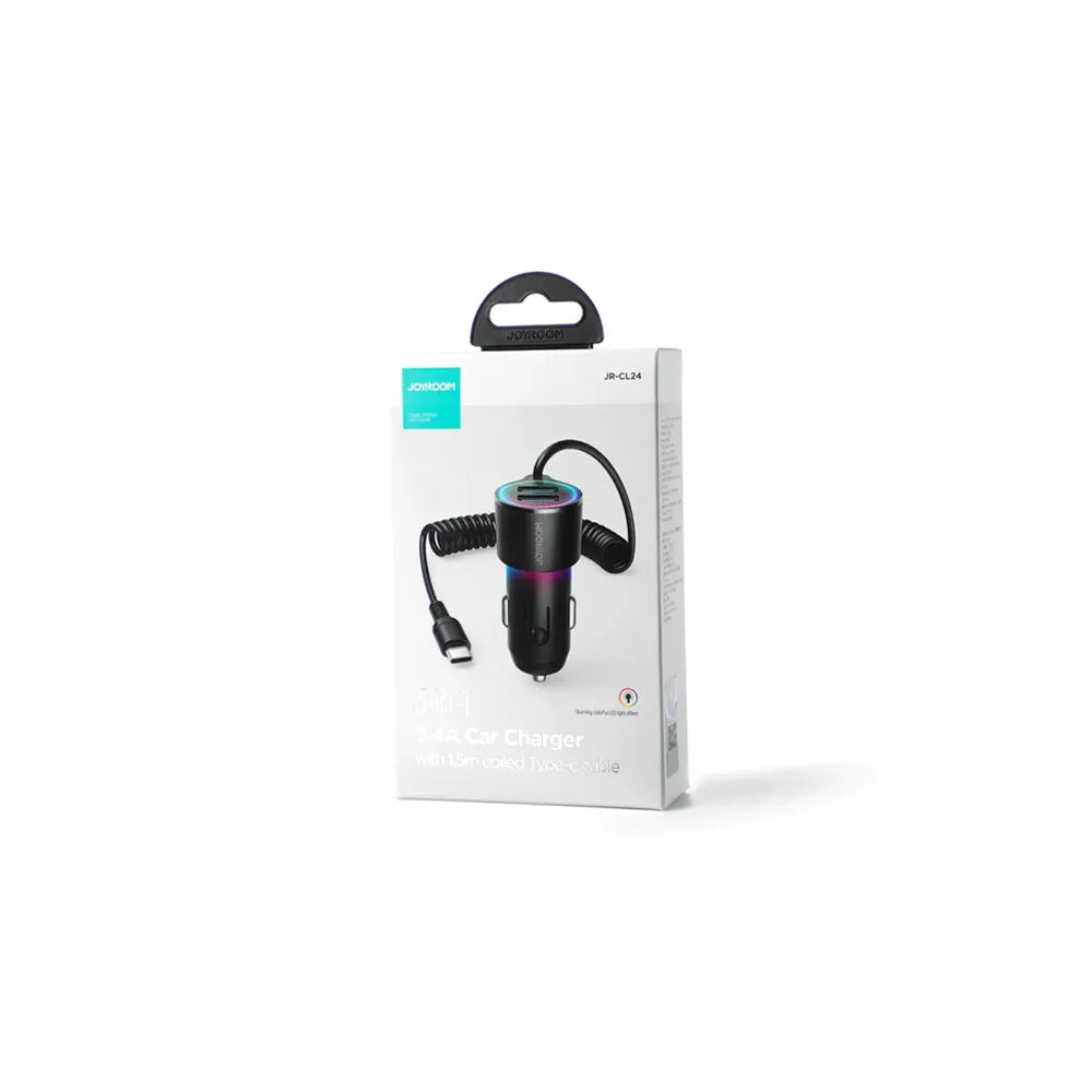 JR-CL25 3.4A 3-in-1 Car Charger with Coiled Lightning Cable Black