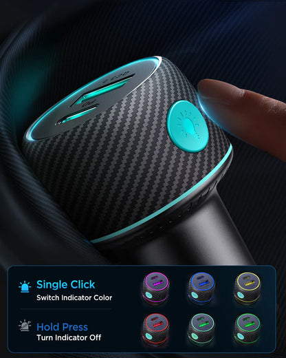 JR-CCN01 60W 1A+1C Multi-Color Car Charger with Light Button