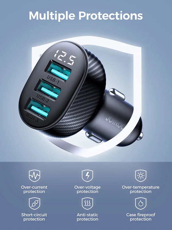 شاحن سيارة JR-CCD03 بشاشة رقمية 3.4 أمبير 3 منافذ USB