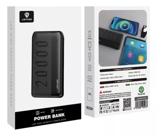 LENYES PX235 1. السعة: 20000 مللي أمبير 2. المادة: ABS 3. مدخل Micro/Type-C: 5 فولت/2 أمبير 4. مخرج USB: 5 فولت/2 أمبير